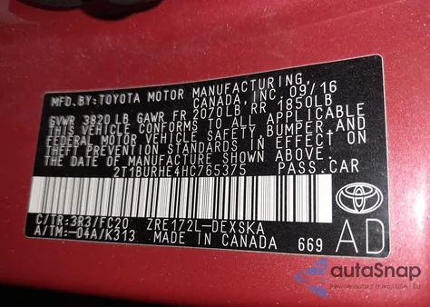 2017 Toyota Corolla Se z USA, uszkodzony, nr VIN 2T1BURHE4HC765375